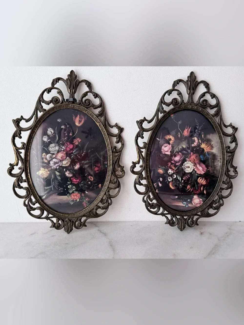 Vintage Floral Still Life Wall prints Ornate Brass-Tone Frames set of 2